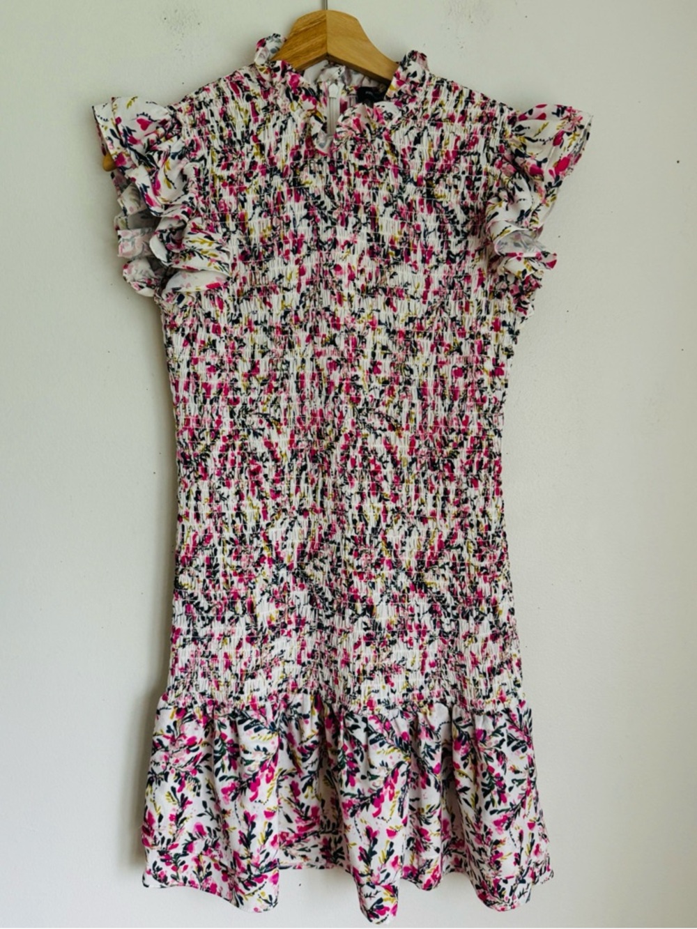 French Connection Elao Verona Printed Smocked Ruffle Dress in Pink - Picture 5 of 8